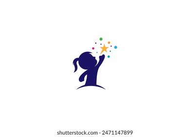 silhouette logo of girl reaching for stars in colorful flat design