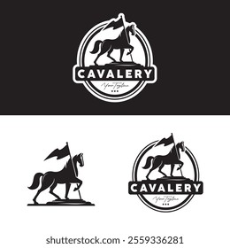 silhouette logo of horse cavalry holding flag in vintage style vector illustration design