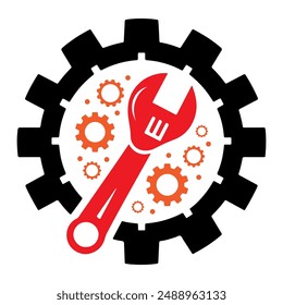 Plantilla de diseño de Vector de ícono de logotipo de silueta de engranaje y llave con fondo blanco.
