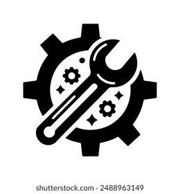 Silhouette logo icon vector design template of gear and wrench with white background.
