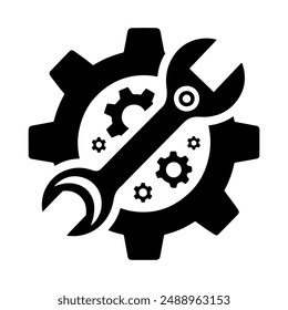 Silhouette logo icon vector design template of gear and wrench with white background.
