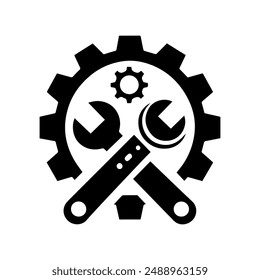 Silhouette logo icon vector design template of gear and wrench with white background.
