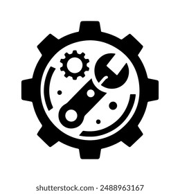 Silhouette logo icon vector design template of gear and wrench with white background.
