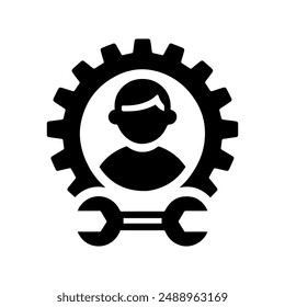 Silhouette logo icon vector design template of gear and wrench with white background.
