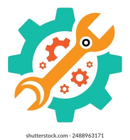 Plantilla de diseño de Vector de ícono de logotipo de silueta de engranaje y llave con fondo blanco.
