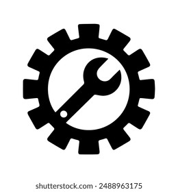 Silhouette logo icon vector design template of gear and wrench with white background.
