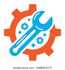 Plantilla de diseño de Vector de ícono de logotipo de silueta de engranaje y llave con fondo blanco.

