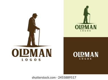 silhouette logo illustration of an old man's head using a cane