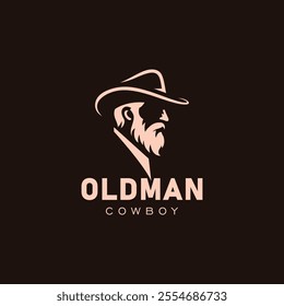 silhouette logo of old man wearing cowboy hat with ink drawing style vector illustration