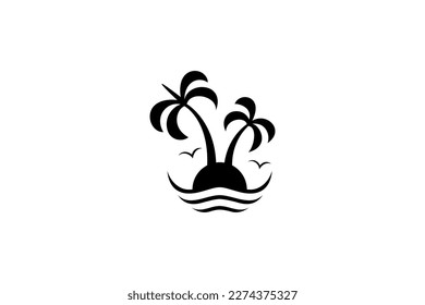 Silhouette logo of palm trees on the beach with waves and birds decorating in flat design style