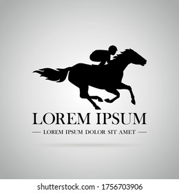 Silhouette. Logo. Racing horse with jockey. Equestrian sport. Racehorse. Hippodrome. Racetrack. Equestrian. Derby. Speed. Isolated on white background. Vector illustration