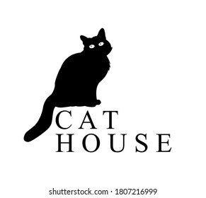 Silhouette logo of a sitting black cat, vector illustration of a black cat silhouette with its eyes wide open, isolated on white background.