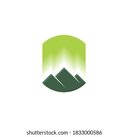 silhouette logo of three mountains with green aurora above them