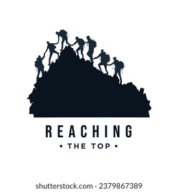 Silhouette logo of together reaching the top of mountain peak. Teamwork achievement vector concept