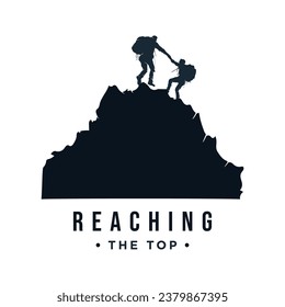 Silhouette logo of together reaching the top of mountain peak. Teamwork achievement vector concept