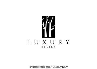 Silhouette logo of two trees inside an upright rectangle shape.