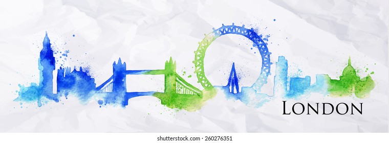 Silhouette London city painted with splashes of watercolor drops landmarks in a blue green colors