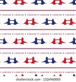 Silhouette London Tower Bridge seamless vector pattern. Famous historical british monument. Travel vacation wallpaper, british uk sightseeing all over print. Drawbridge river thames in red blue white