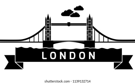 Silhouette London Tower Bridge as seen from River Thames. Linear vector illustration