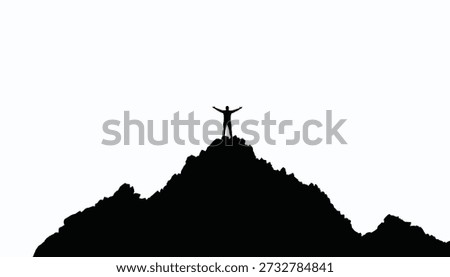Silhouette of Lone Climber on Mountain Peak at Dawn, Black White Minimalist Landscape, Aspiration Success Challenge