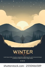 Silhouette of a lone traveler walking across snowy terrain towards a majestic mountain range at sunset. A serene winter landscape perfect for adventure and solitude themes.