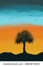 Silhouette of lone tree at sunset's edge. Sky blends deep blue with warm orange glow. Birds fly across the sky in graceful arcs. Tree stands tall against fading daylight. Dramatic colors evoke peace