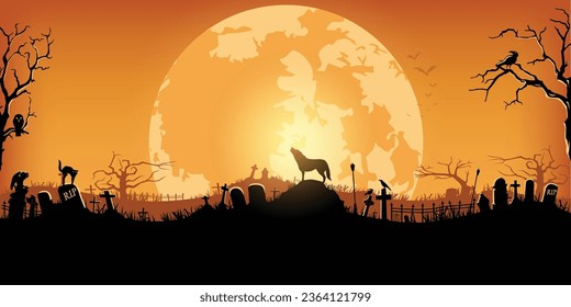 Silhouette of lone wolf howling at the full moon in graveyard with tombstones. Vector