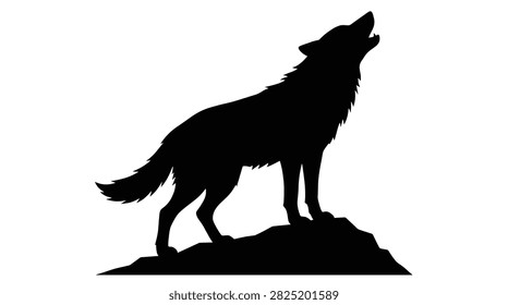 Silhouette of a lone wolf howling at the moon on a rocky ledge in black and white