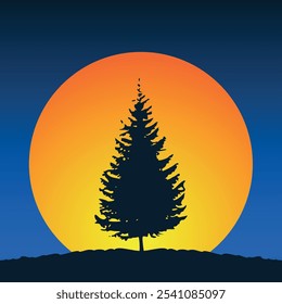 Silhouette of a lonely Christmas tree growing on a hill on the background of big orange sun and dark blue sky. Vector