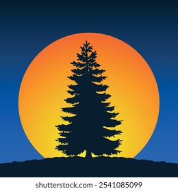 Silhouette of a lonely Christmas tree growing on a hill on the background of big orange sun and dark blue sky. Vector