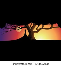 The silhouette of a lonely girl at sunset by a tree, the moon and stars, a bright beautiful landscape background. Vector illustration