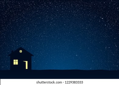 Silhouette of lonely house with starry night. Dark blue shiny stars sky and moon with home. Suburban estate on the background, banner, backdrop - vector illustration. Neighborhood.