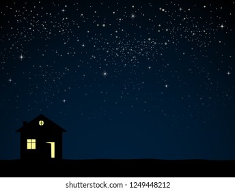 Silhouette of lonely house with starry night. Dark blue shiny stars sky and moon with home. Suburban estate on the background, banner, backdrop - vector illustration. Neighborhood.