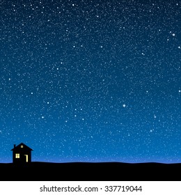 Silhouette of lonely house with starry night. Dark blue shiny stars sky and moon with home. Suburban estate on the background, banner, backdrop - vector illustration. Neighborhood.