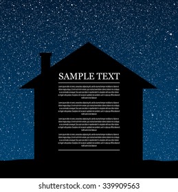 Silhouette of lonely house with starry night. Dark blue shiny stars sky and moon with home. Suburban estate on the background, banner, backdrop - vector illustration. Neighborhood.