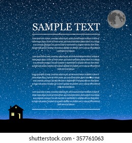 Silhouette of lonely house with starry night. Dark blue shiny stars sky and moon with home. Suburban estate on the background, banner, backdrop - vector illustration. Neighborhood.