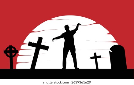Silhouette of a Lonely Scary Zombie in Sunset. Halloween holiday culture and religion concept vector art