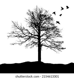 Silhouette of a lonely tree with flying birds. Vector illustration