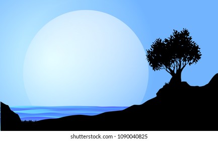 Silhouette of lonely tree on the rocks against the background of the Evening Moonlit Sky and the watery surface of the lake or ocean. Vector background illustration