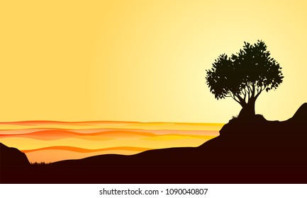 Silhouette of lonely trees on the rocks against the background of the evening sunset and the watery surface of the lake or ocean. Vector background illustration