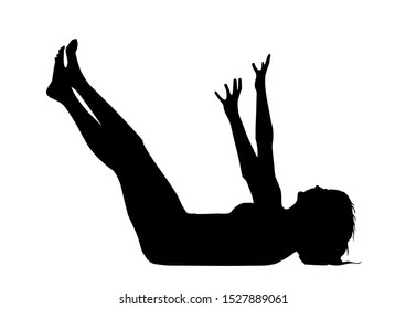  Silhouette of a lonely woman who lies on the floor with arms and legs raised up and asks for help, defends herself and prays, pulls her hands up