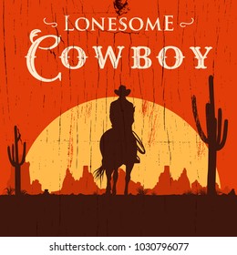 Silhouette of lonesome cowboy riding horse at sunset, Vector Illustration