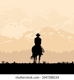 Silhouette of lonesome cowboy riding horse at sunset, Vector Illustration
