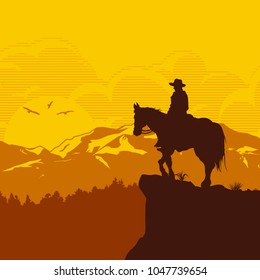 Silhouette of lonesome cowboy riding horse at sunset, Vector Illustration�
