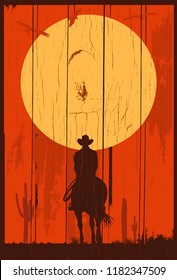 Silhouette of lonesome cowboy riding horse at sunset, Vector Illustration