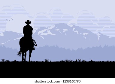 Silhouette of lonesome cowboy riding horse at sunset, Vector Illustration