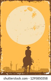 Silhouette of lonesome cowboy riding horse at sunset on  a tin sign, vector