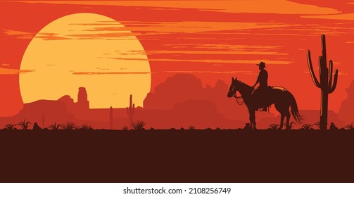 Silhouette of lonesome cowboy riding horse at sunset, Vector Illustration