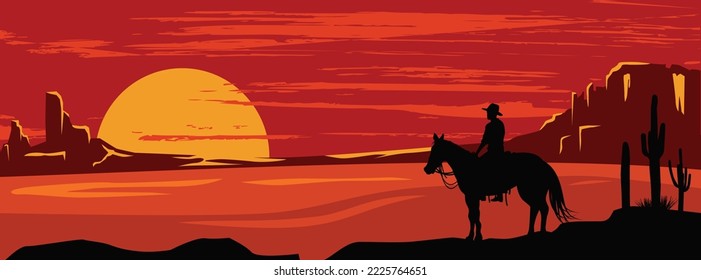 Silhouette of lonesome cowboy riding horse at sunset, Vector Illustration