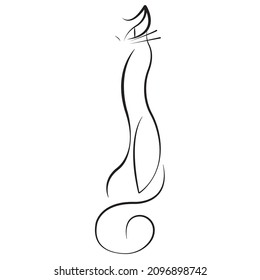 Silhouette of a long cat drawn in the style of minimalism. Design for decor, keychain, mascot, badge, logo, souvenir, tattoo, print on clothes. Isolated vector illustration